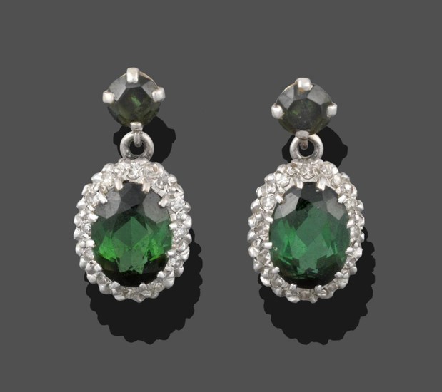 A Pair of Green Tourmaline and Diamond Cluster Drop Earrings,...