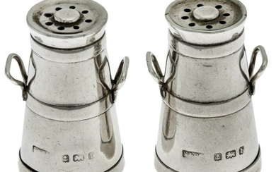A Pair of Small Silver Pepper Pots In the shape of banded milk-churns, Hallmarked for Birmingha...