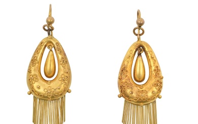 A Pair of Victorian Drop Earrings of pear shaped openwork...