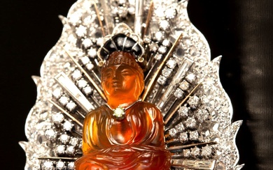 A Platinum, Diamond and Gem Buddha Pendant-Brooch