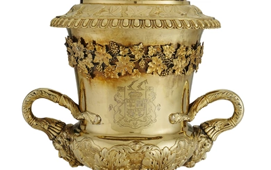 A REGENCY SILVER-GILT TWO-HANDLED WINE COOLER AND COVER MARK OF SAMUEL HENNELL, LONDON, 1819