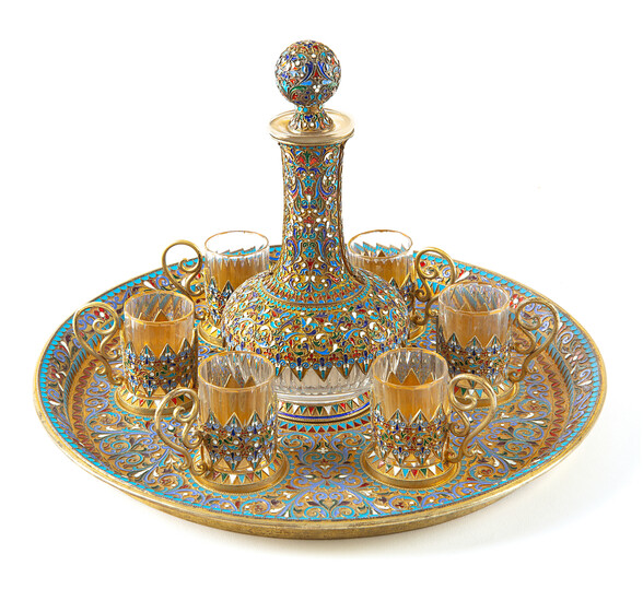 A RUSSIAN GILT SILVER AND CLOISONNE ENAMEL-MOUNTED GLASS VODKA SET, ST. PETERSBURG, 1895