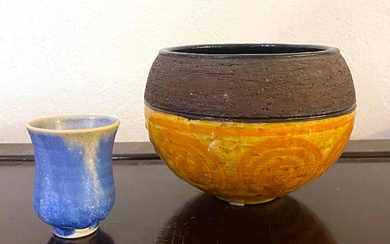 A Rörstrand Ateljé, Sweden by Inger Persson Orange Glazed Swirl Bowl & a Blue Glazed Bud Vase