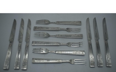 A SET OF SIX ENGLISH AESTHETIC MOVEMENT SILVER PLATED KNIVES...