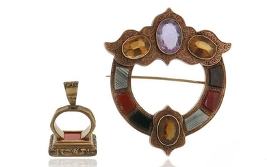A Scottish gold gem-set brooch, the Celtic design...