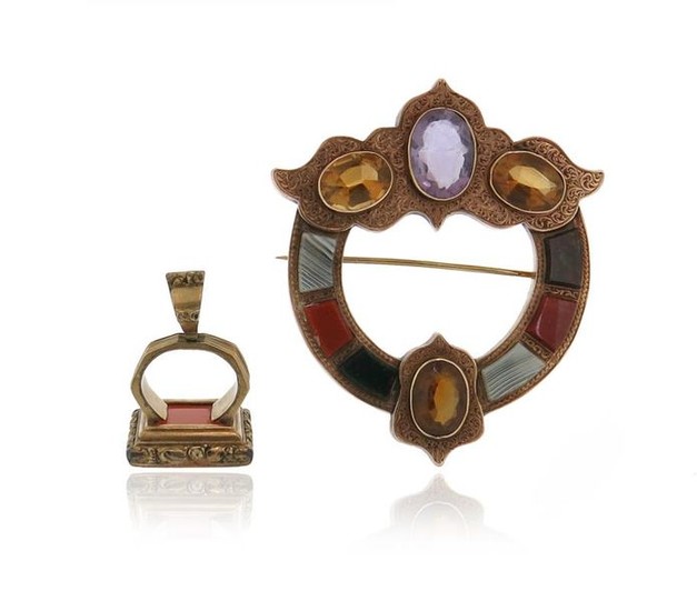 A Scottish gold gem-set brooch, the Celtic design...