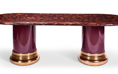 A TESSELLATED HORN, CRIMSON LACQUER AND BRASS MOUNTED DINING TABLE, CIRCA 1970