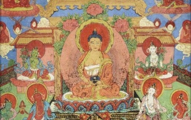 A Tibetan thangka on canvas of Shakyamuni Buddha, 19th century, depicted seated on a lotus base surrounded by various deities and beneath a pagoda, 59 x 39cm, mounted in glazed frame 十九世紀 繪佛陀唐卡