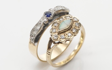 A VINTAGE OPAL AND PASTE RING IN 9CT GOLD (SIZE K), TOGETHER WITH A BLUE AND WHITE STONE RING IN 9CT GOLD (SIZE Q), TOTAL WEIGHT 4.8GMS