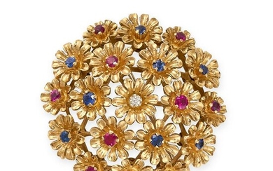 A VINTAGE RUBY, SAPPHIRE AND DIAMOND BROOCH in 18ct