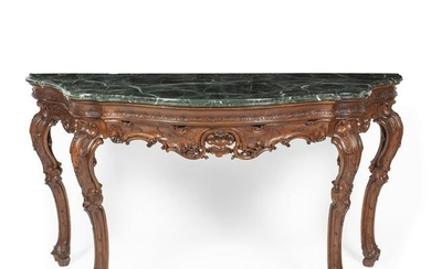 A Venetian walnut console with green marble top