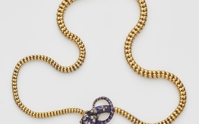A Victorian flexible 18k gold tubogaz blue enamel and diamond necklace with snake head and heart locket.