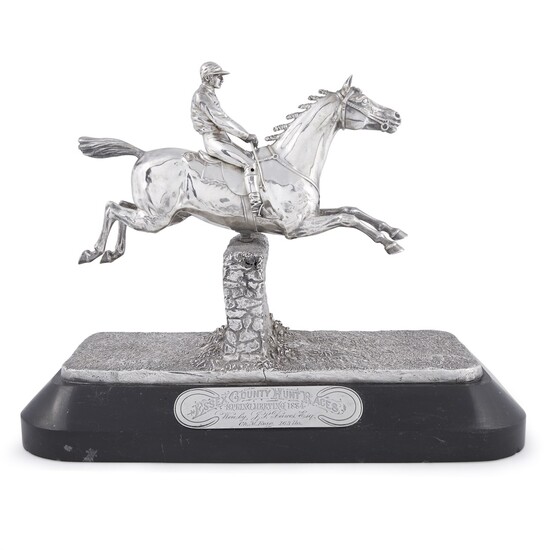 A Victorian silver and silver-plated figural equestrian trophy, 'Essex County Hunt Races' apparently unmarked, circa 1884