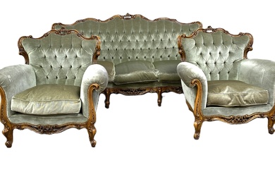 A Victorian style three piece Parlour suite, comprising a three seat settee, with turned and