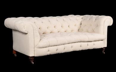 A Victorian walnut and cream linen upholstered sofa