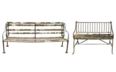 A cast metal and slatted wood garden bench, and a wrought metal and slatted wood bench.