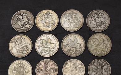 A collection of 8 GB Silver Crowns and 3 Silver Double Florins, Crowns 1889 x4, 1900 & 1935 x3
