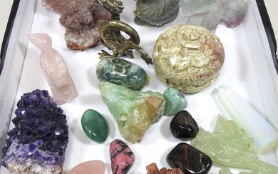 A collection of carved hardstone items and rock samples and...