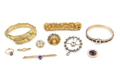 A collection of jewellery, comprising an 18ct gold and amethyst...