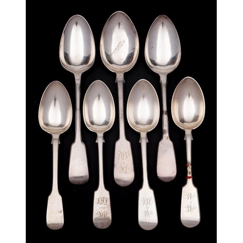 A collection of silver Fiddle pattern tablespoons and desser...
