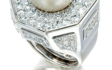 A cultured pearl and diamond ring,, David Webb