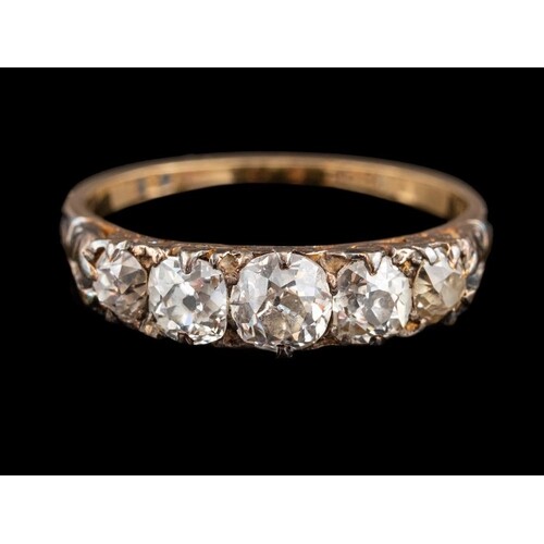 A diamond five stone ring:, set with five graduating old bri...