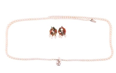 A double-row cultured pearl necklace, and a pair of coral and pearl set pinchbeck earrings. The doub