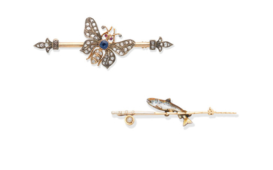 A gem-set butterfly brooch,, circa 1895, and an early 20th century enamel and pearl novelty bar brooch, by Alabaster & Wilson