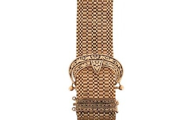 A gold bracelet watch, the concealed rectangular watch dial signed...