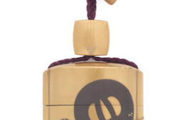 A gold-lacquer two-case inro with a gold-lacquer square ojime in form of a shamisen and a cherry wood netsuke