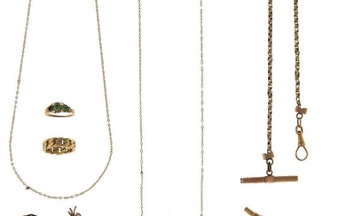 A group of jewellery: comprising; a telescopic pencil by S. Mordan & Co with rotating triple hardstone seal to the terminal, length 6cm; two gold cased fob seals; an albert chain, bangle, two rings, two chains and two odd earrings