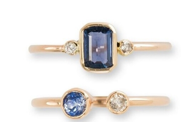 A group of sapphire, diamond and gold stacking rings