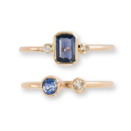 A group of sapphire, diamond and gold stacking rings