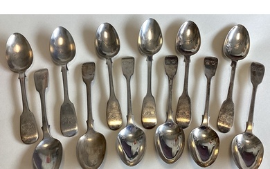 A large collection of silver fiddle pattern teaspoons. Vario...