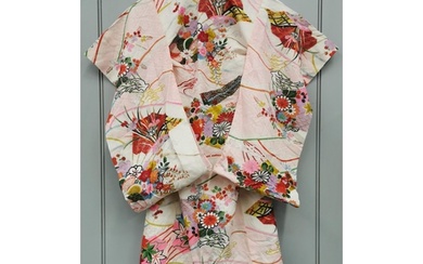 A mid-century, hand-embroidered Japanese silk Kimono, in pin...