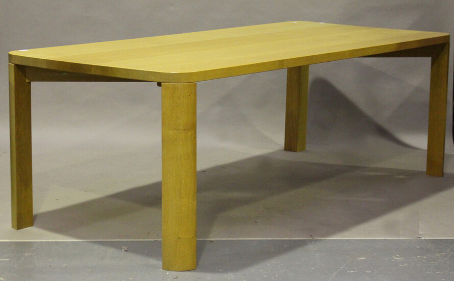 A modern solid oak dining table with curved corners, height 75cm, length 222cm, depth 100cm, togethe