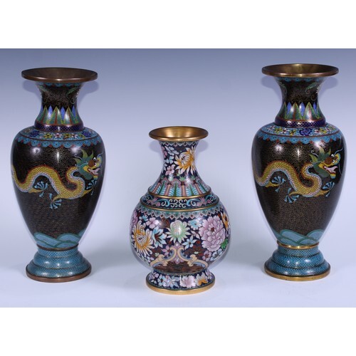 A pair of Chinese cloisonne enamel ovoid vases, decorated in...
