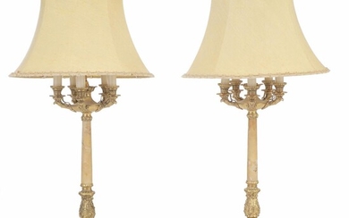 SOLD. A pair of French gilt bronze and Sienna marble table lamps mounted for eletricity. Mid-19th century. H. 93 cm. Later shades are enclosed. (2) – Bruun Rasmussen Auctioneers of Fine Art