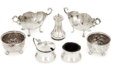 A pair of Victorian silver salt cellars, London, 1890, Horace Woodward & Co., both with repousse bodies and raised on four ball feet, liners deficient, together with a pair of Edwardian silver twin-handled navette-shaped salts by Henry Matthews...