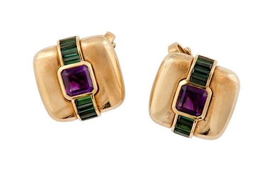 A pair of amethyst and green tourmaline earclips