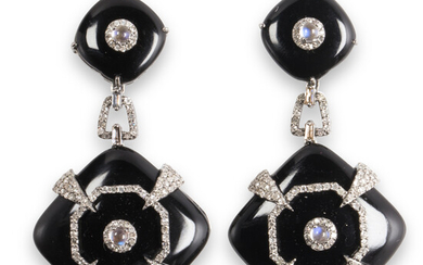 A pair of black chalcedony, moonstone and diamond earrings
