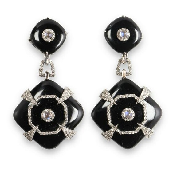 A pair of black chalcedony, moonstone and diamond