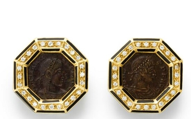 A pair of coin and eighteen karat gold ear clips