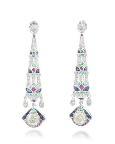 A pair of diamond and multi-colored ear pendants