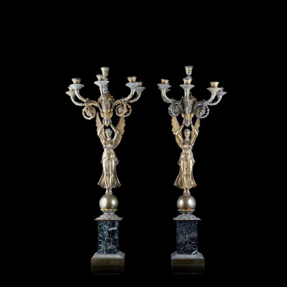 A pair of gilt bronze candlesticks, verd alpi marble bases. French, 19th century (h. cm 86)