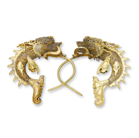 A pair of gold 'dragon-fish' earrings, erhuan