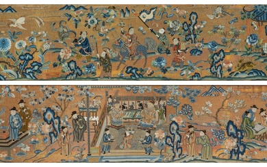 A pair of large gold-ground silk embroidered 'figural' panels, Qing dynasty, 19th century | 清十九世紀 金地緞繡祝壽圖大掛屏一對