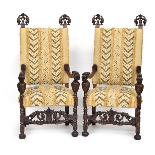 A pair of mid-19th century carved Italian open armchairs, up...