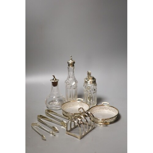 A pair of modern silver mounted glass butter dishes, a silve...