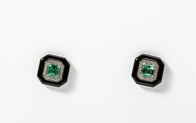 A pair of onyx, emerald and diamond ear...